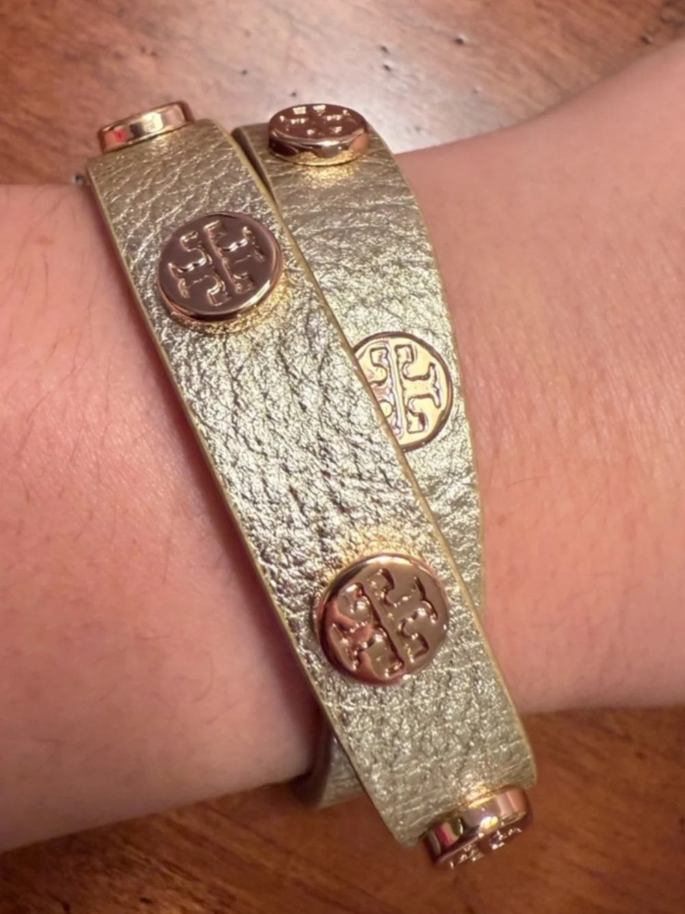 Tory Burch Gold Double-Wrap Leather Bracelet with Logo Studs